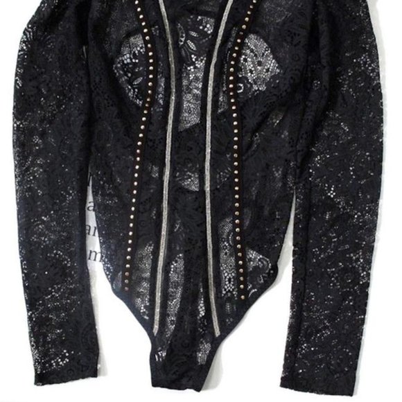 NEW Embellished Lace Mesh Bodysuit Teddy Shirt Top - Picture 7 of 8